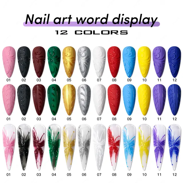 Emboss Gel Painting – 12 Color Collection | No Wipe Painting Gel for 3D & Chrome Designs