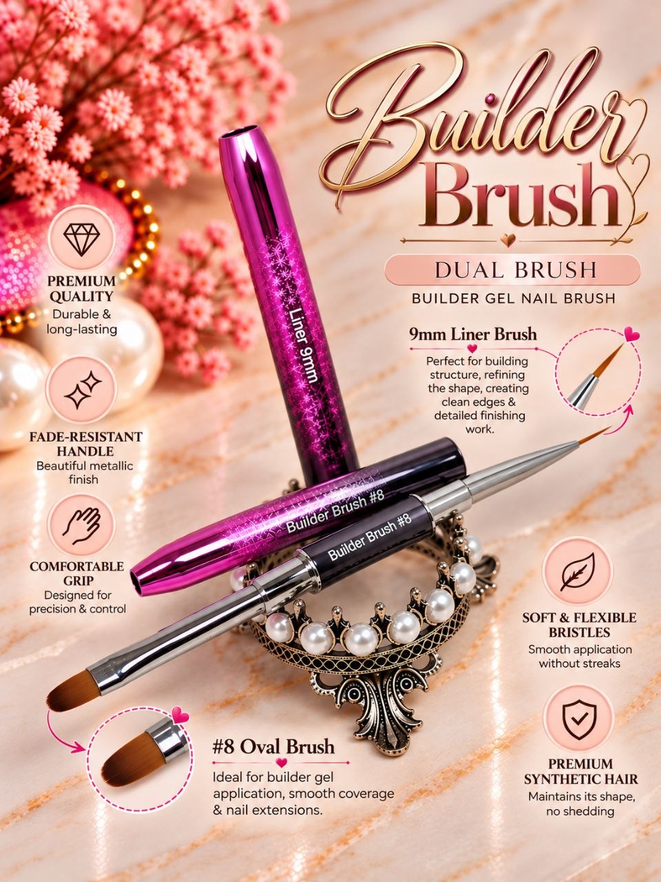 Professional 2-in-1 Builder Gel Nail Brush (Oval Brush/Liner) – Dual-Ended Nail Art Brush for Gel Extensions, Shaping & Precision Application