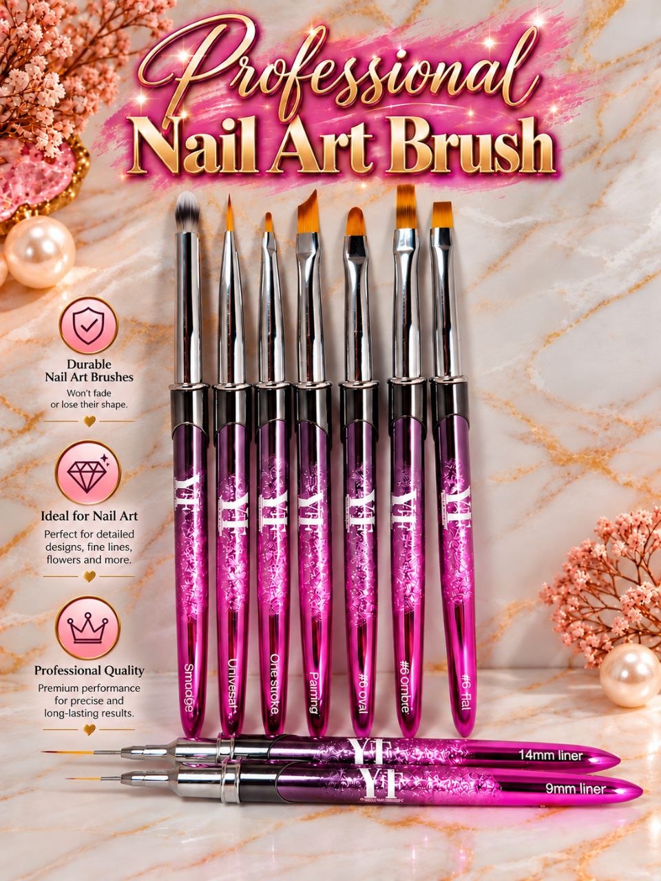 Professional Nail Art Brushes – 9-Piece Set or Individual Brushes | Gel Painting, Ombre, Fine Liner & Nail Design Tools