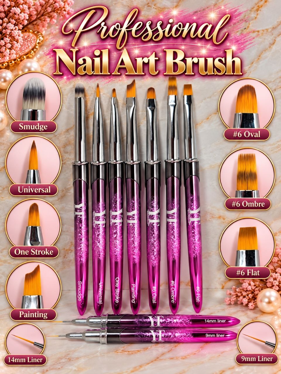 Professional Nail Art Brushes – 9-Piece Set or Individual Brushes | Gel Painting, Ombre, Fine Liner & Nail Design Tools