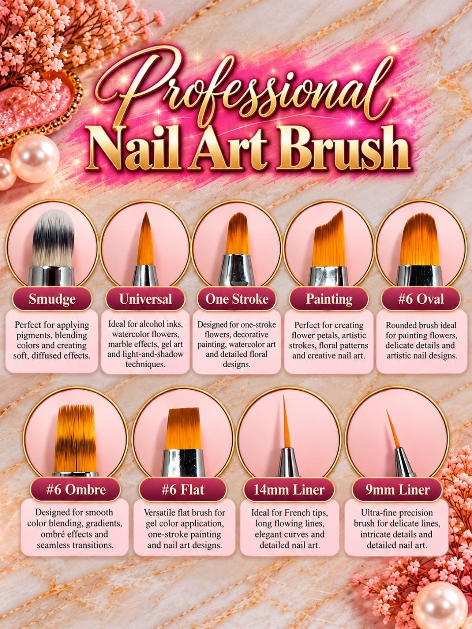 Professional Nail Art Brushes – 9-Piece Set or Individual Brushes | Gel Painting, Ombre, Fine Liner & Nail Design Tools